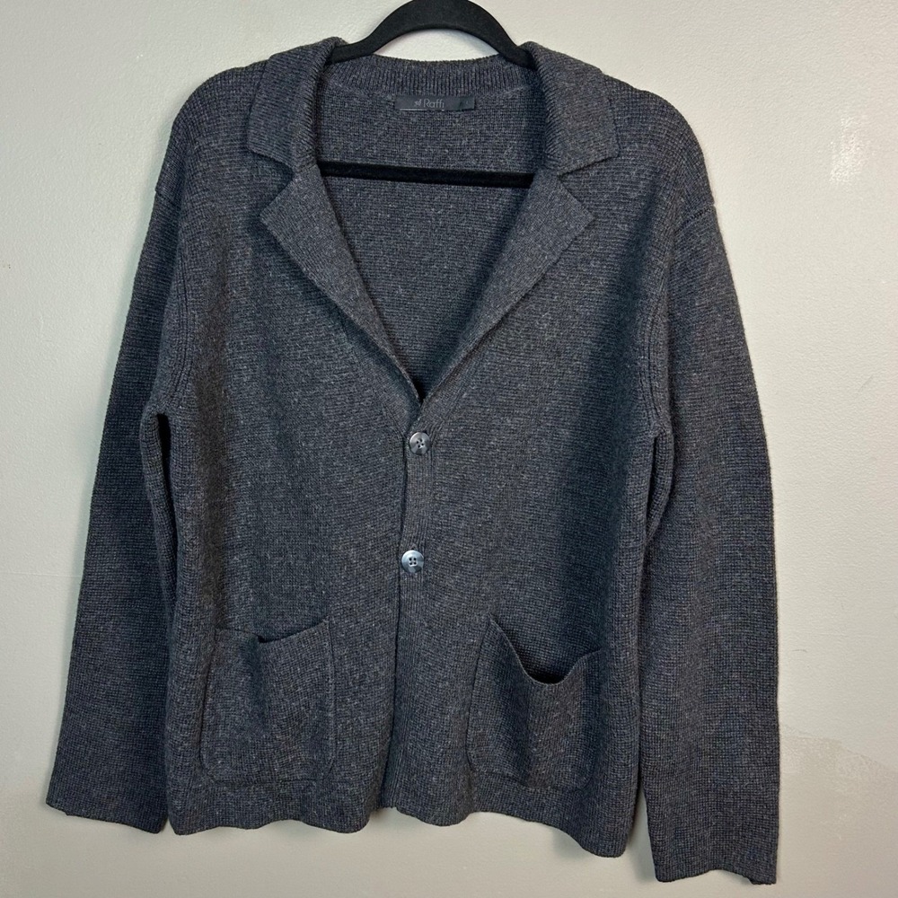 Raffi Knit Blazer Cardigan Men's Large Merino Wool Charcoal Grey Collar Pockets‎